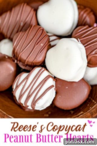 Valentine's Peanut Butter Chocolate Kisses 10 Close-up of chocolate peanut butter hearts, some with white chocolate drizzle