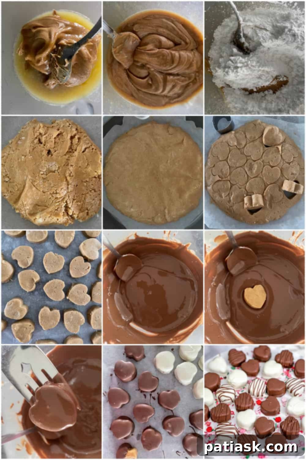 Valentine's Peanut Butter Chocolate Kisses 5 Assortment of chocolate peanut butter hearts in a collage, showcasing different chocolate coatings and drizzles