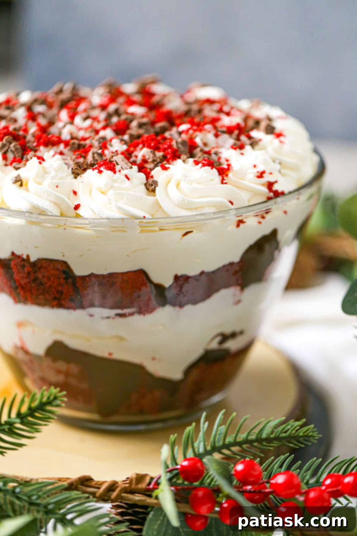 Decadent Red Velvet Trifle 5 red velvet cream cheese trifle dessert recipe Christmas or Valentine's Day