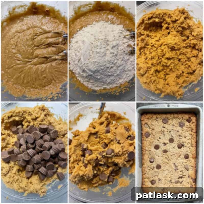 Irresistible Peanut Butter Cup Blondies 5 A tutorial image showing the process and final result of Super Easy Peanut Butter Cup Blondies