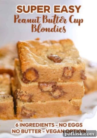 Irresistible Peanut Butter Cup Blondies 10 Peanut Butter Cup Blondies with a close-up on the gooey texture