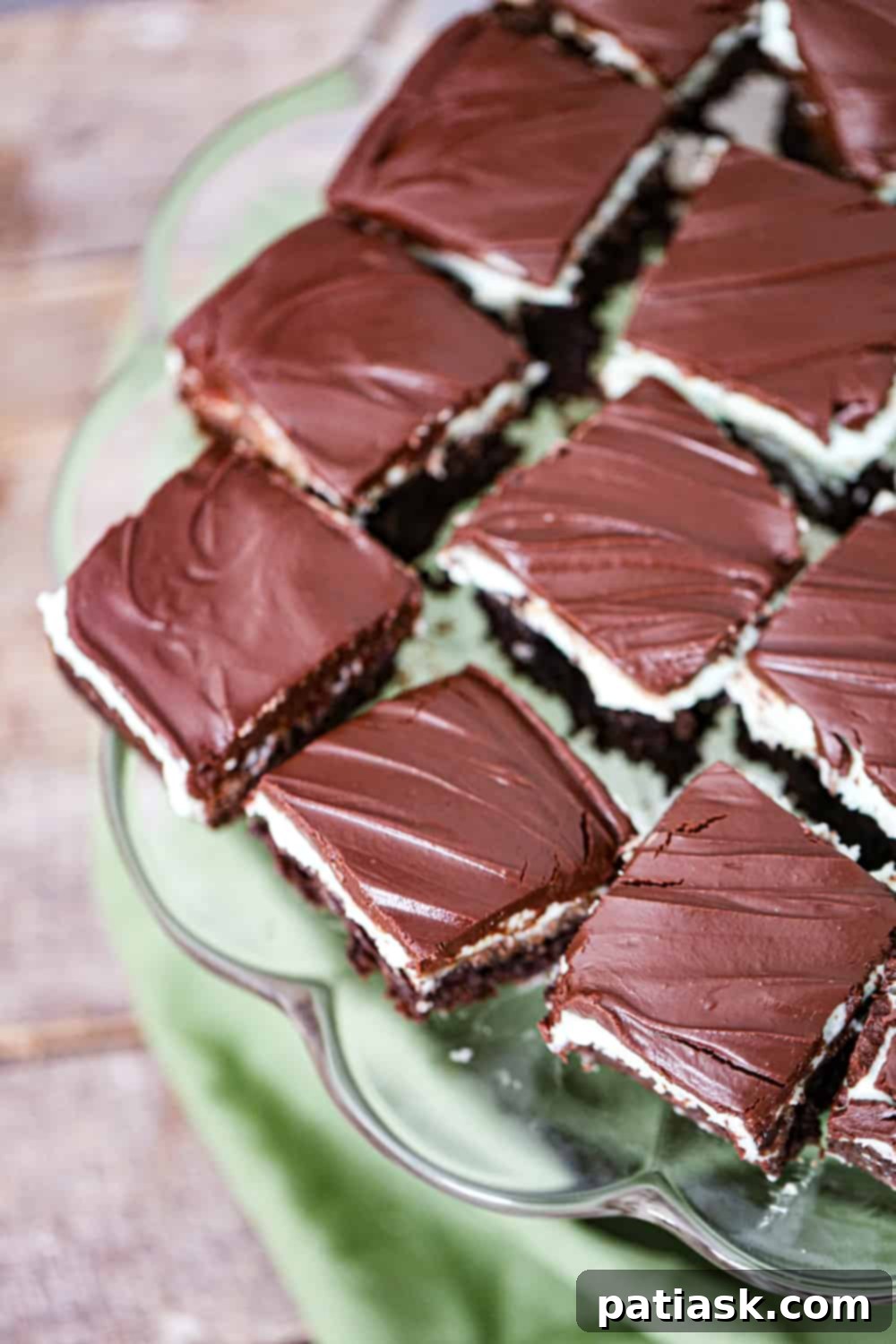 Cool Mint Chocolate Brownie Stack 7 Overhead view of freshly sliced mint chocolate layered brownies.