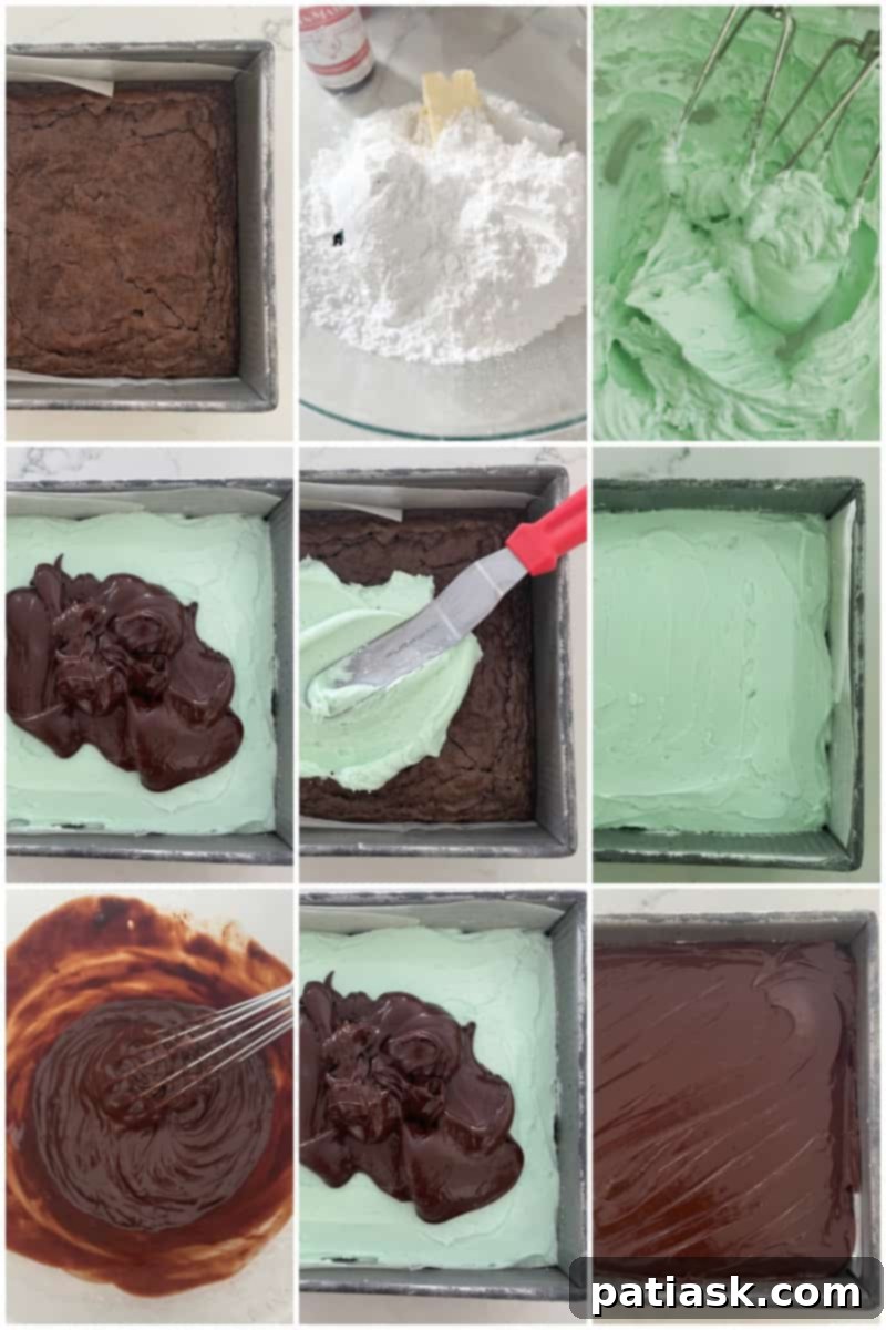 Cool Mint Chocolate Brownie Stack 5 Tutorial showing layers of mint and chocolate being constructed in a brownie pan.