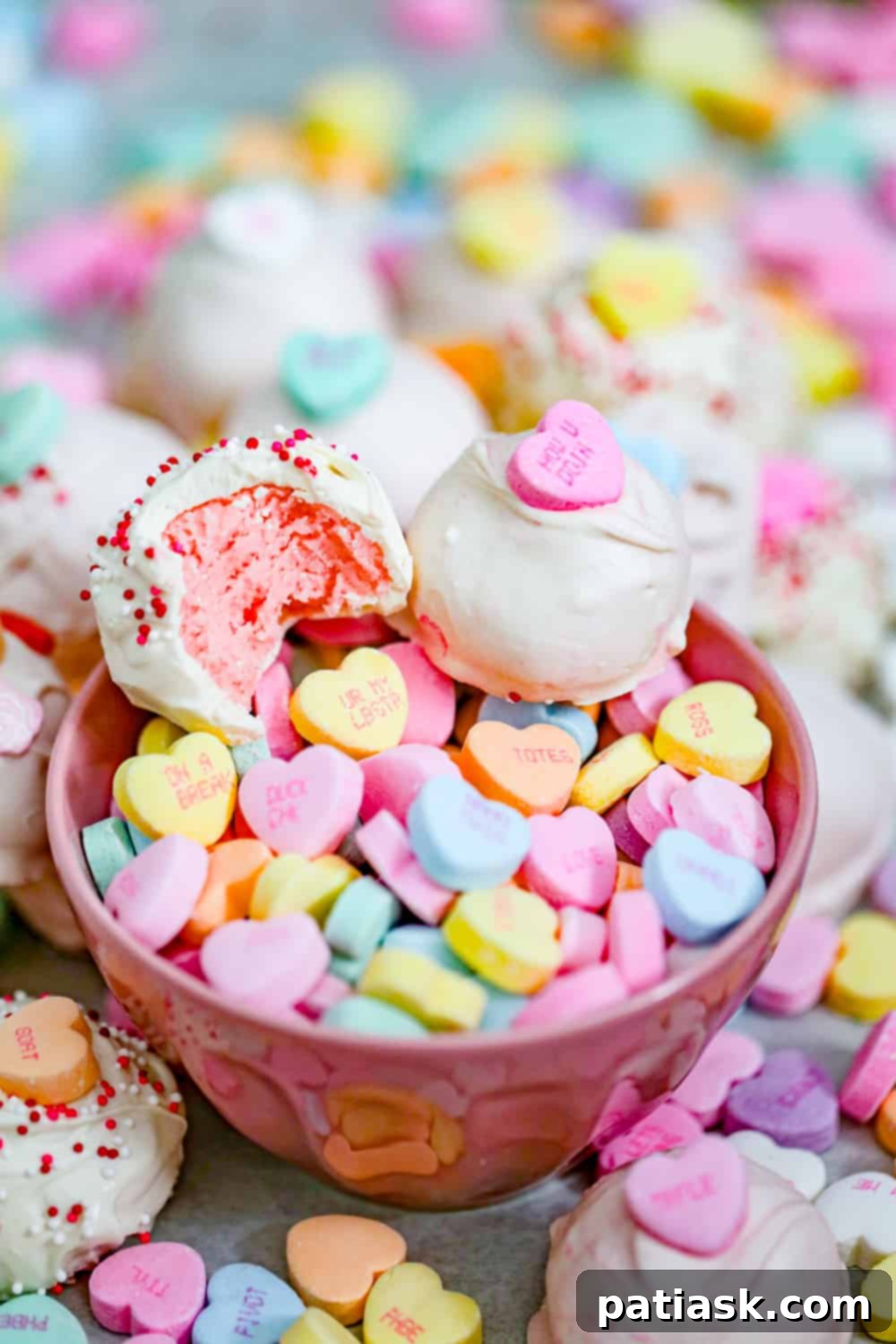 Strawberry Cream Jell-O Delights 6 conversation hearts, truffles with conversation hearts