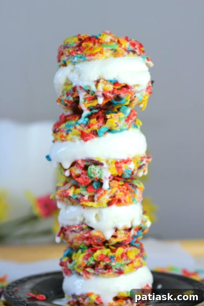 Crunchy Fruity Pebbles Ice Cream Sandwiches 3 Fruity Pebbles Ice Cream Sandwiches - Close-up of rainbow cereal