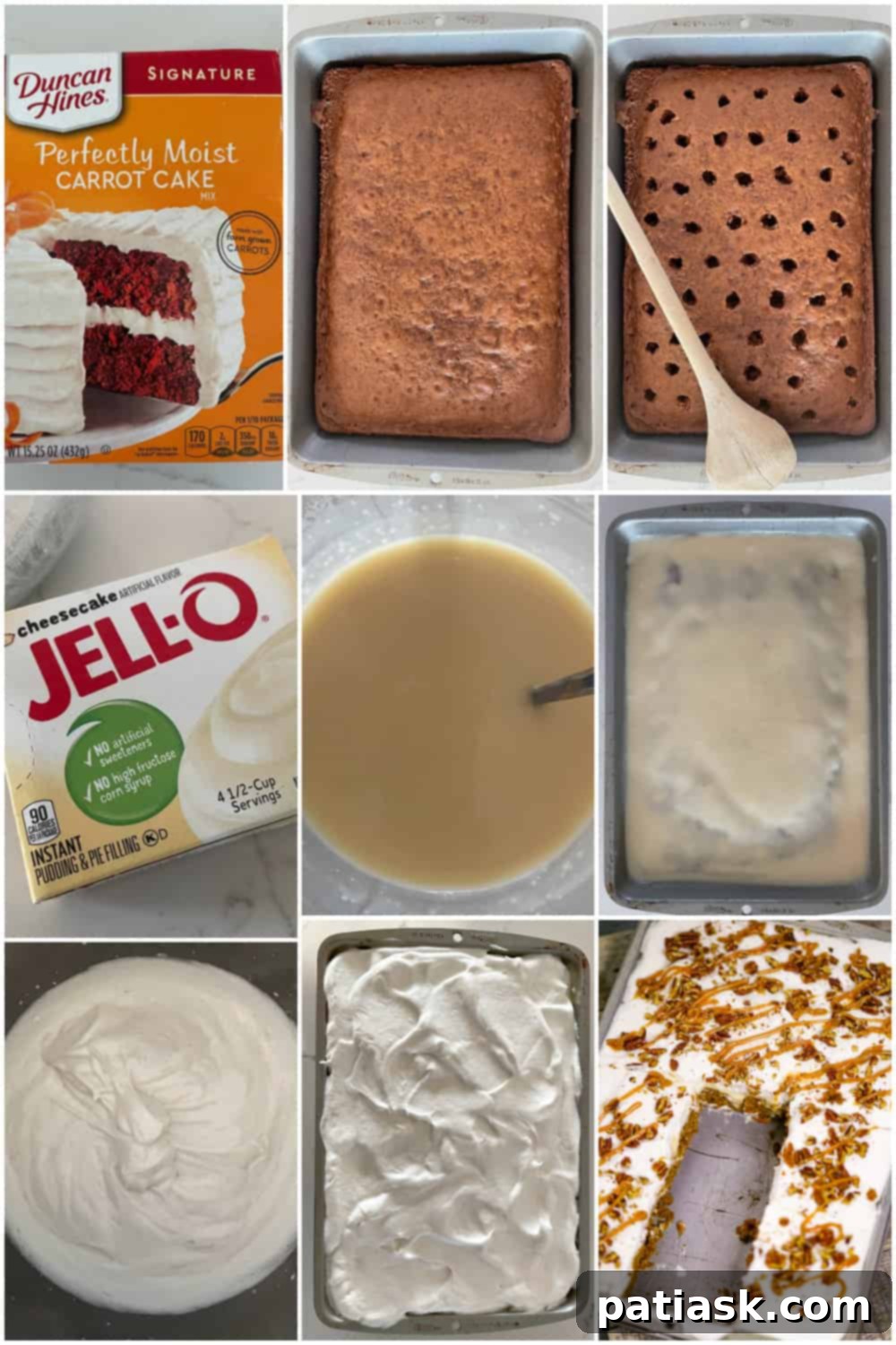 Carrot Cake Delight with Creamy Pockets 5 Close-up of Carrot Cake Poke Cake with cheesecake pudding