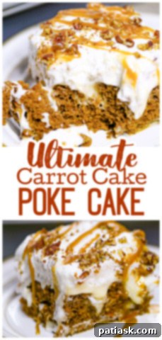 Carrot Cake Delight with Creamy Pockets 9 Carrot Cake Poke Cake with fork showing layers