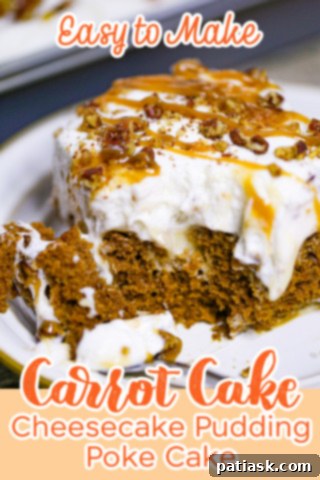 Carrot Cake Delight with Creamy Pockets 11 Carrot Cake Poke Cake top view with caramel drizzle