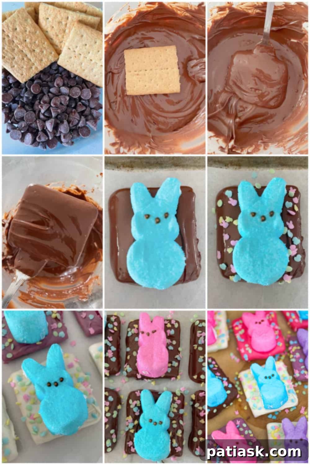 Step-by-step tutorial image for making Easter Peep Graham Crackers showing dipping and decorating