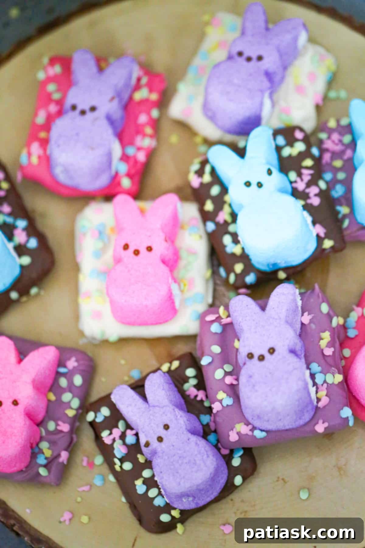 Homemade chocolate graham crackers with Easter Peeps and sprinkles