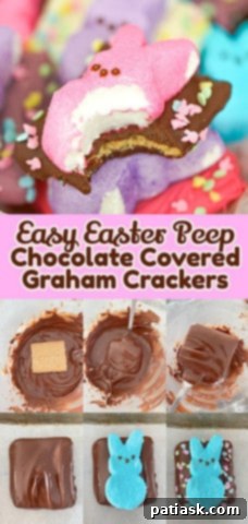 Easter Peep Chocolate Covered Graham Crackers with colorful sprinkles on a white plate