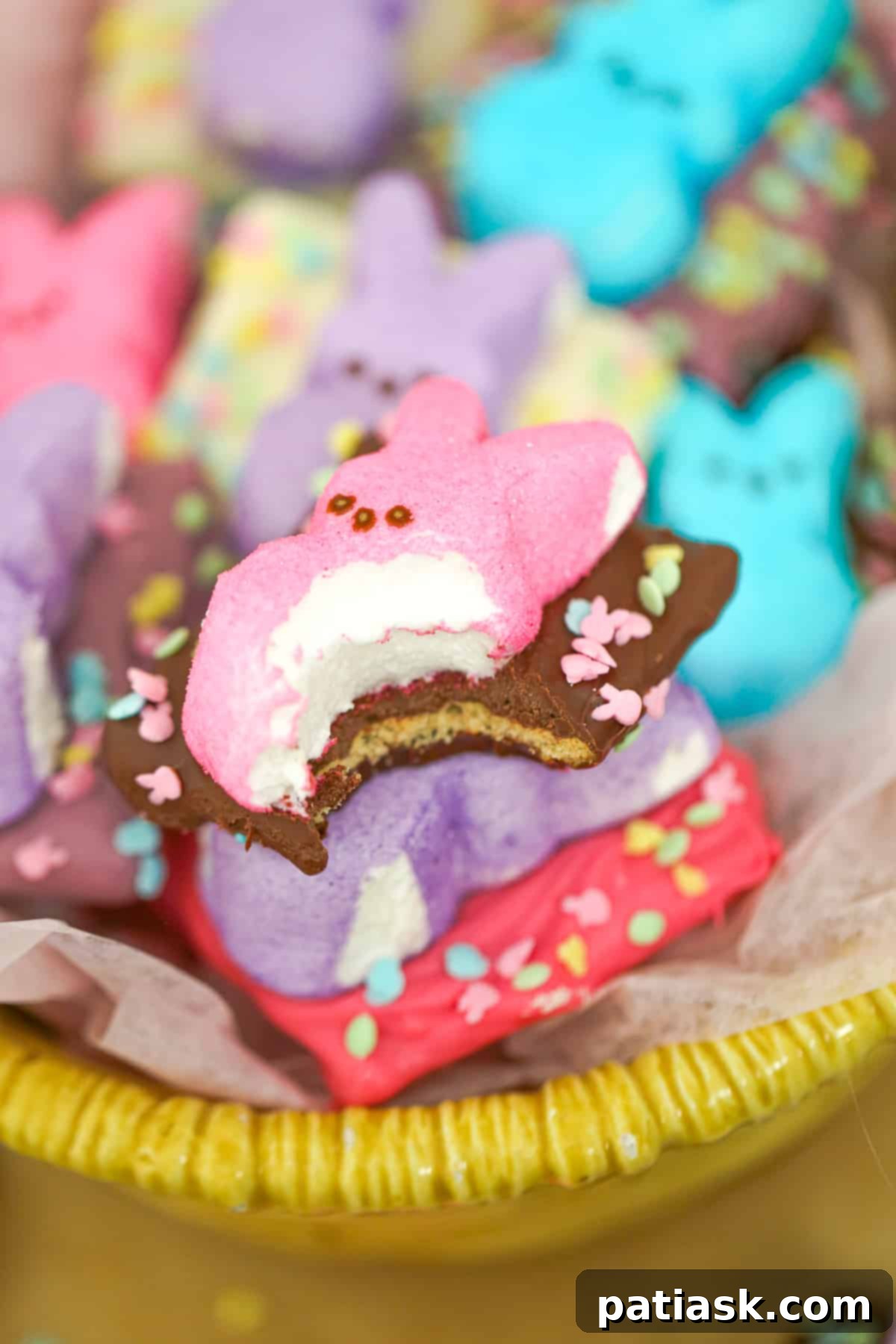 Close-up of three Easter Peep Graham Crackers on a white plate