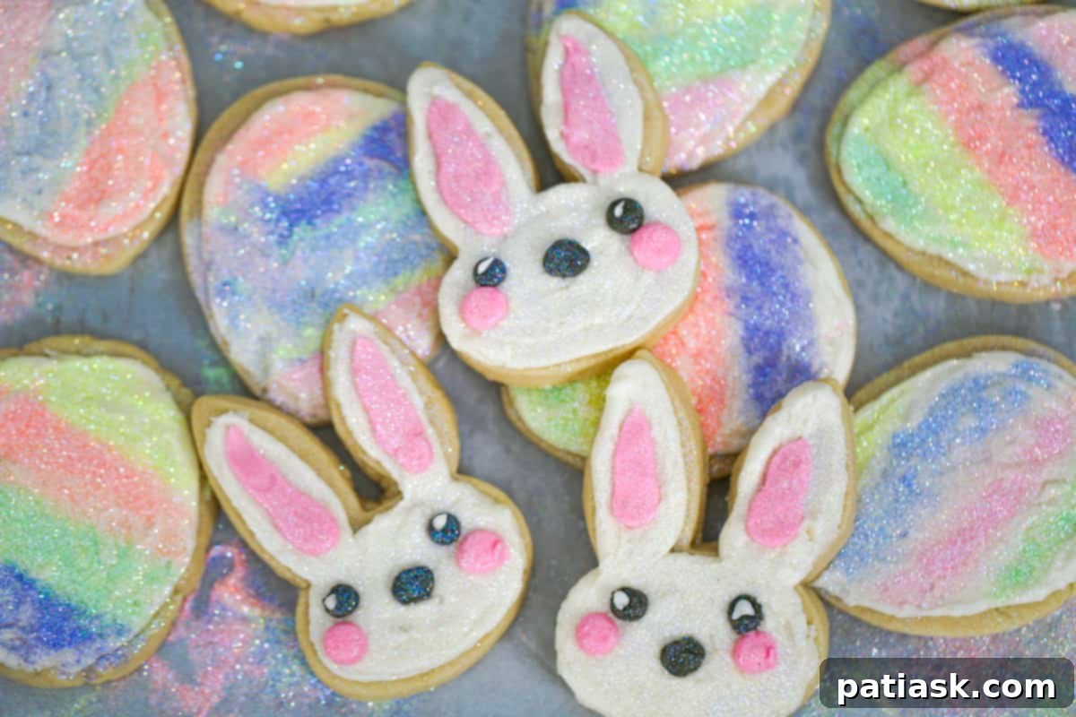 Whimsical Easter Bunny Cookies 7 A collection of pastel-colored Easter sugar cookies, some decorated as bunnies and eggs.