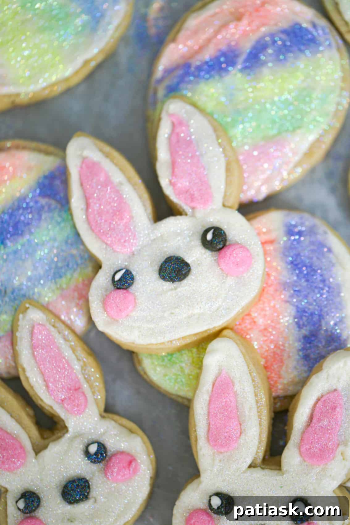 Whimsical Easter Bunny Cookies 9 Decorated Easter Bunny Sugar Cookies with various festive sprinkles and edible glitter.
