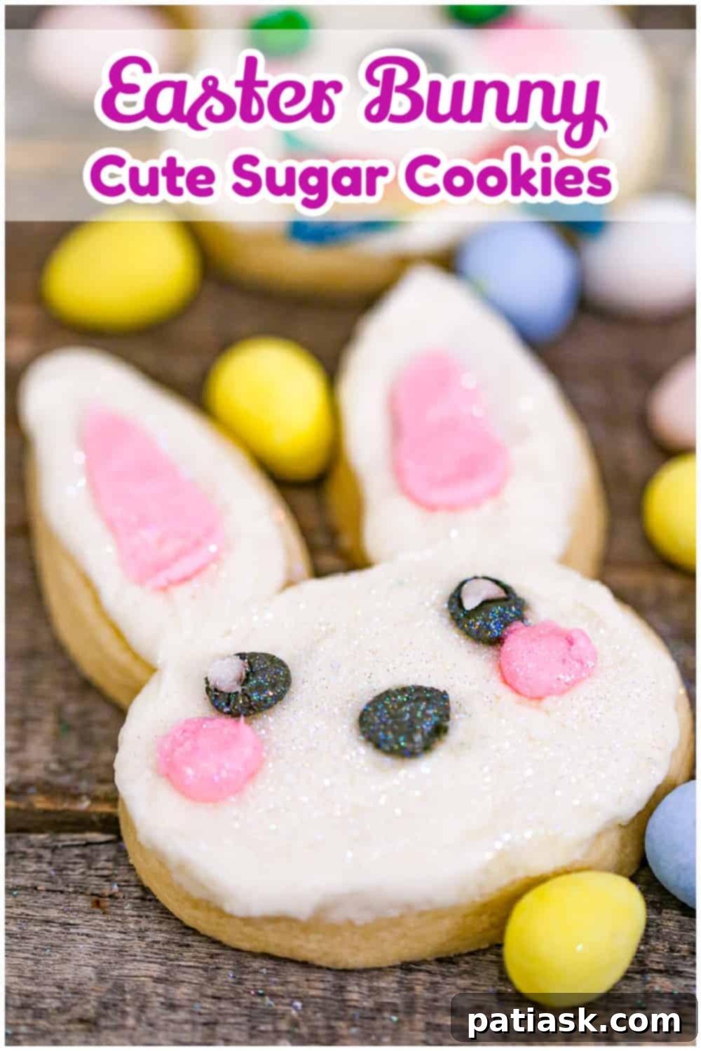 Whimsical Easter Bunny Cookies 10 A festive arrangement of Cute Easter Bunny Sugar Cookies on a white plate, ready to be served.