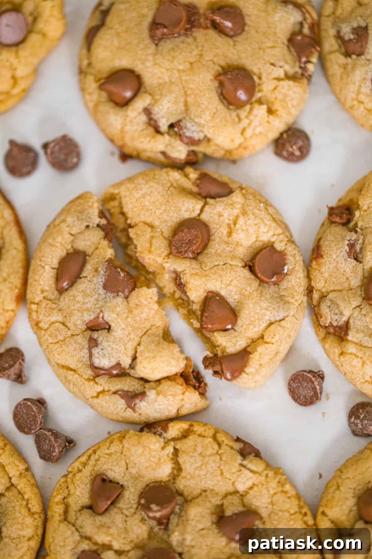 Perfect Crumbl-Inspired Chocolate Chip Cookies 3 Close-up of a homemade Crumbl Chocolate Chip Cookie, showcasing its rich texture, melted milk chocolate chips, and thick, soft interior.