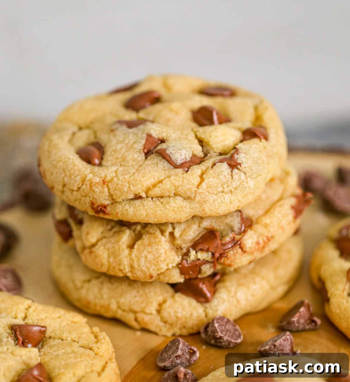 Perfect Crumbl-Inspired Chocolate Chip Cookies 4 A stack of three golden-brown CopyCat Crumbl Chocolate Chip Cookies, revealing their generous size and melty chocolate goodness.