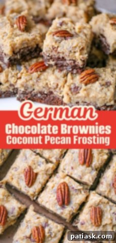 Fudgy German Chocolate Brownies with rich coconut pecan topping
