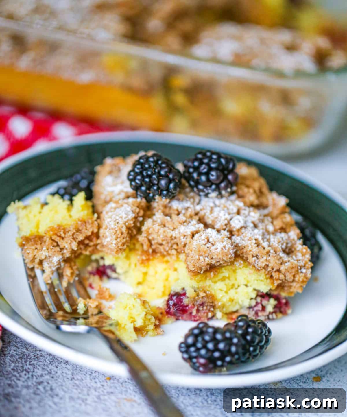 The Ultimate Coffee Shop Crumb Cake Recipe 3 close up of starbucks crumb coffee cake recipe with blackberries