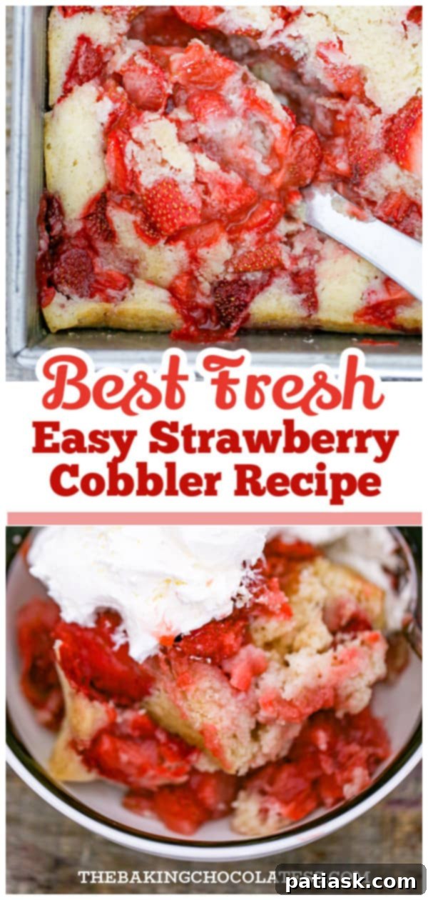 A top-down view of the Best fresh easy homemade Strawberry Cobbler recipe, showcasing its beautiful golden crust.