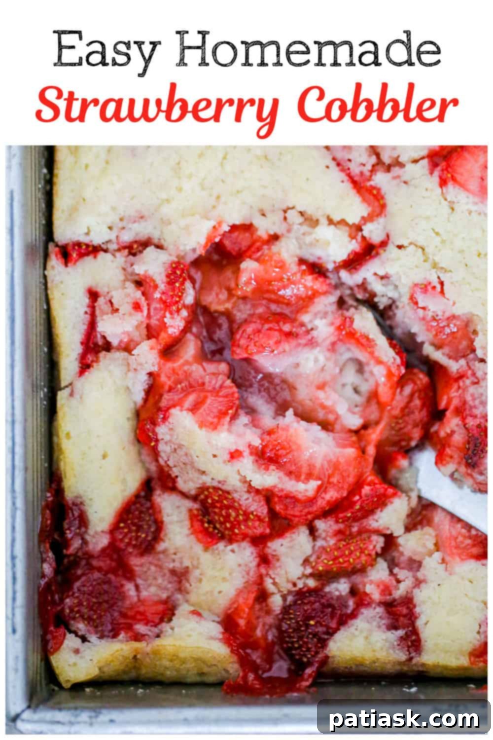 Close-up of the Best fresh easy homemade Strawberry Cobbler recipe, showing the juicy strawberries.