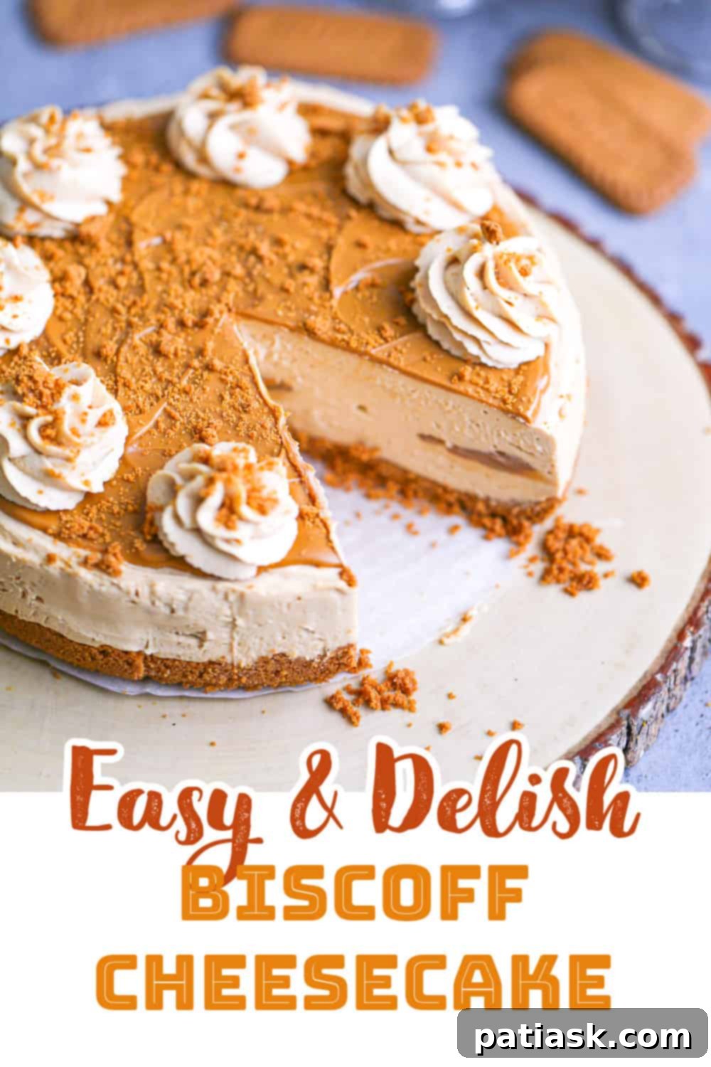 Effortless No-Bake Biscoff Cheesecake 12 A piece of No-Bake Biscoff Cheesecake served on a plate with a decorative fork