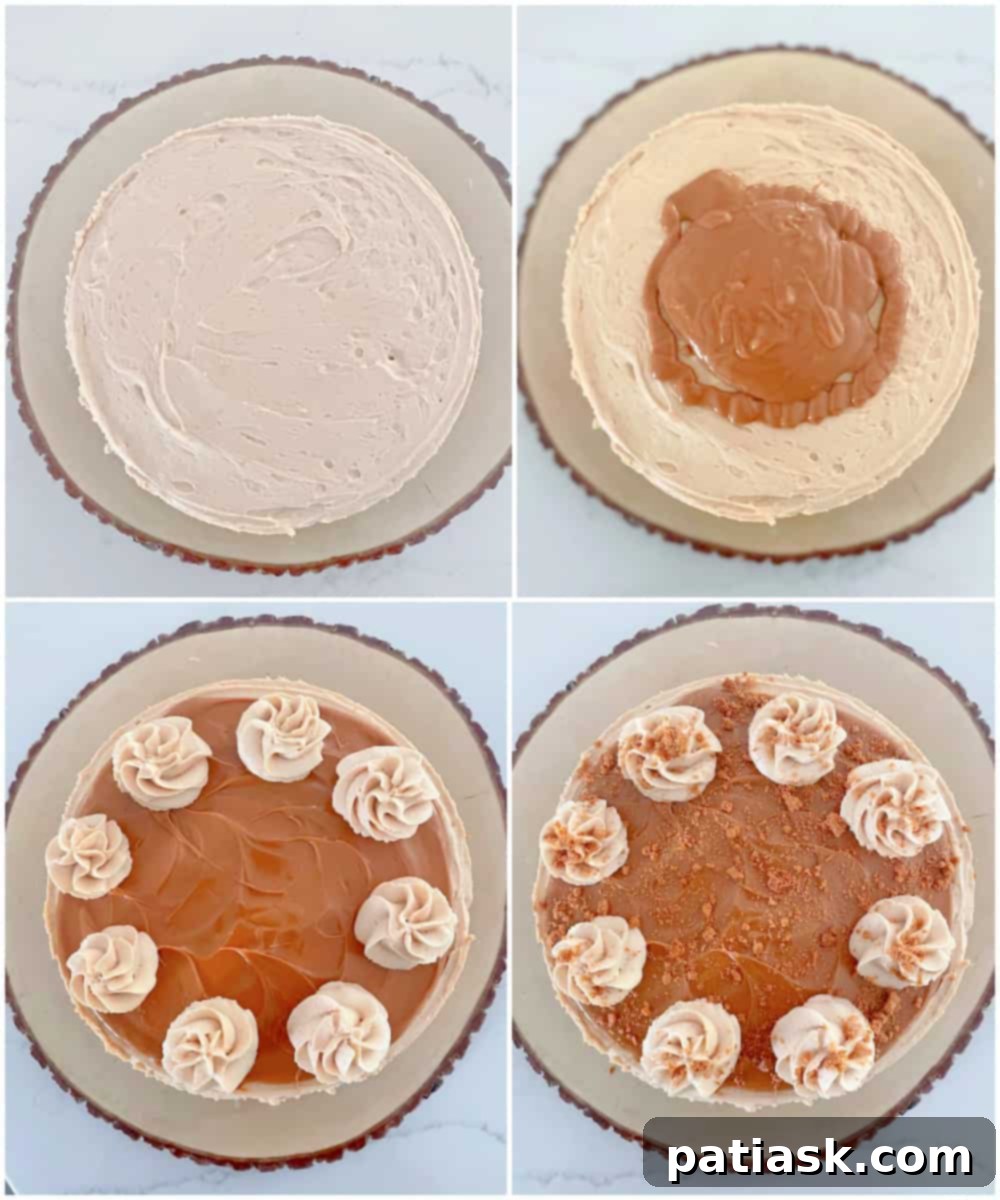 Effortless No-Bake Biscoff Cheesecake 8 A close-up view of a beautifully decorated No-Bake Biscoff Cheesecake with Biscoff drizzle, whipped cream swirls, and crushed cookies