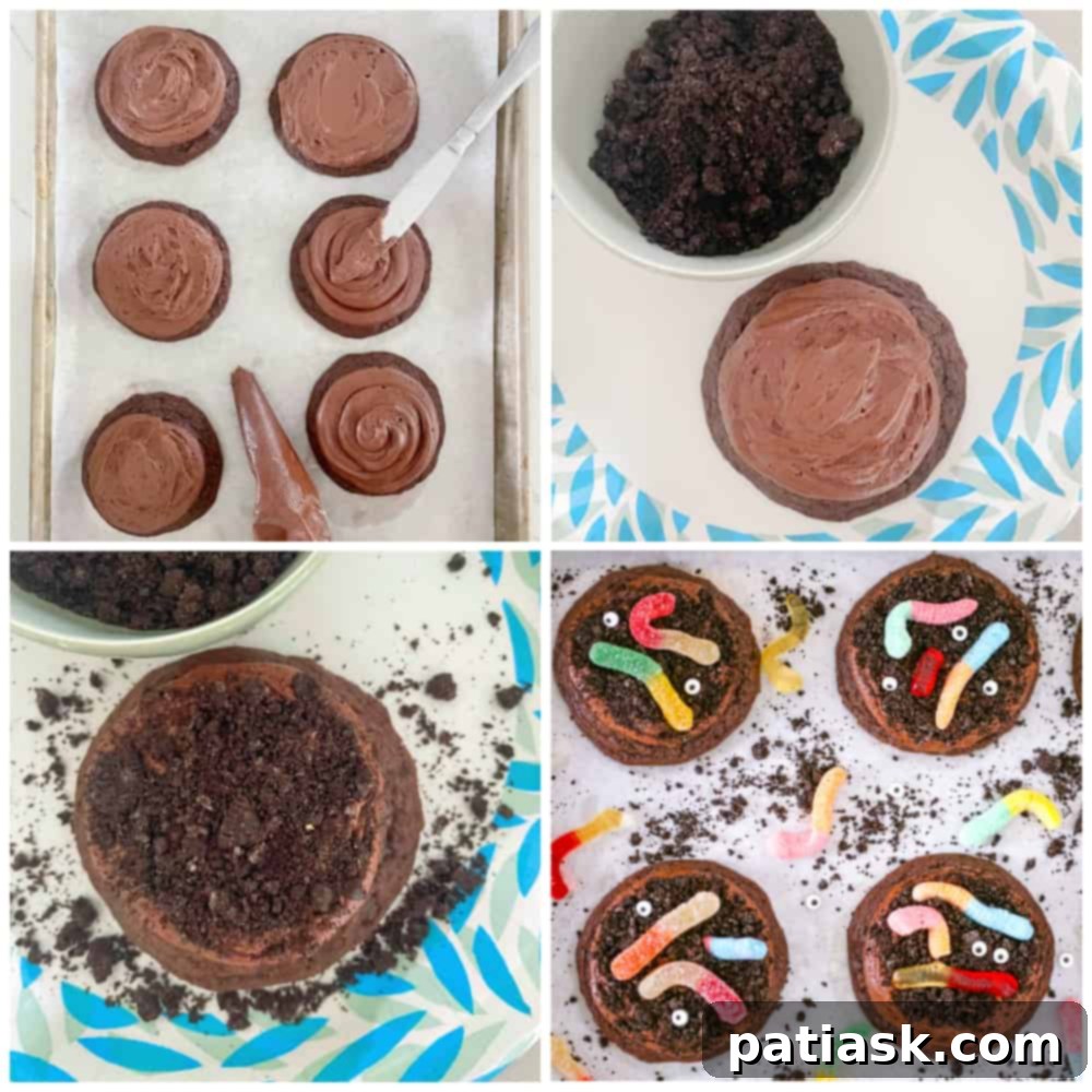 Wormy Dirt Brownie Cookies 8 Gummy Worm Dirt Brownie mix Cookies recipe chocolate frosting halloween dessert