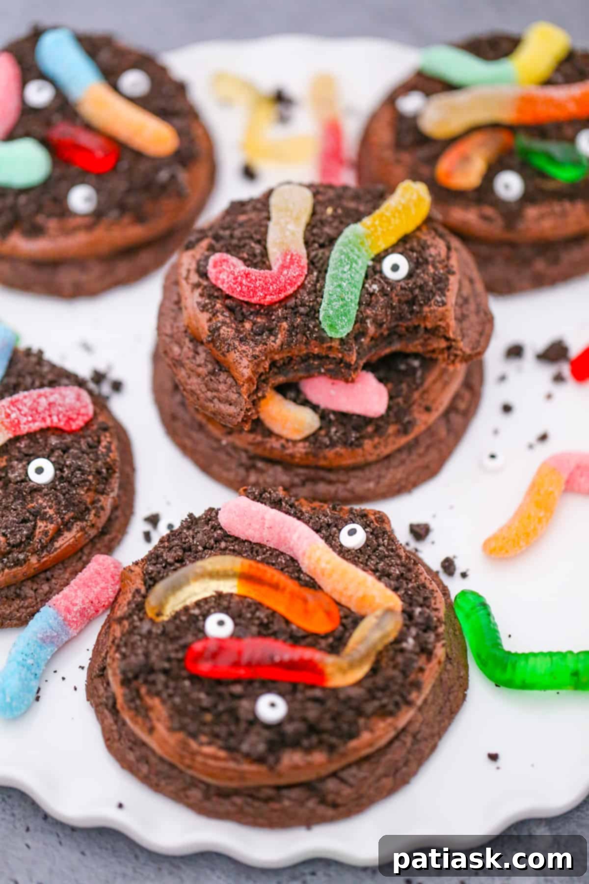 Wormy Dirt Brownie Cookies 9 Gummy Worm Dirt Brownie mix Cookies recipe chocolate frosting halloween dessert