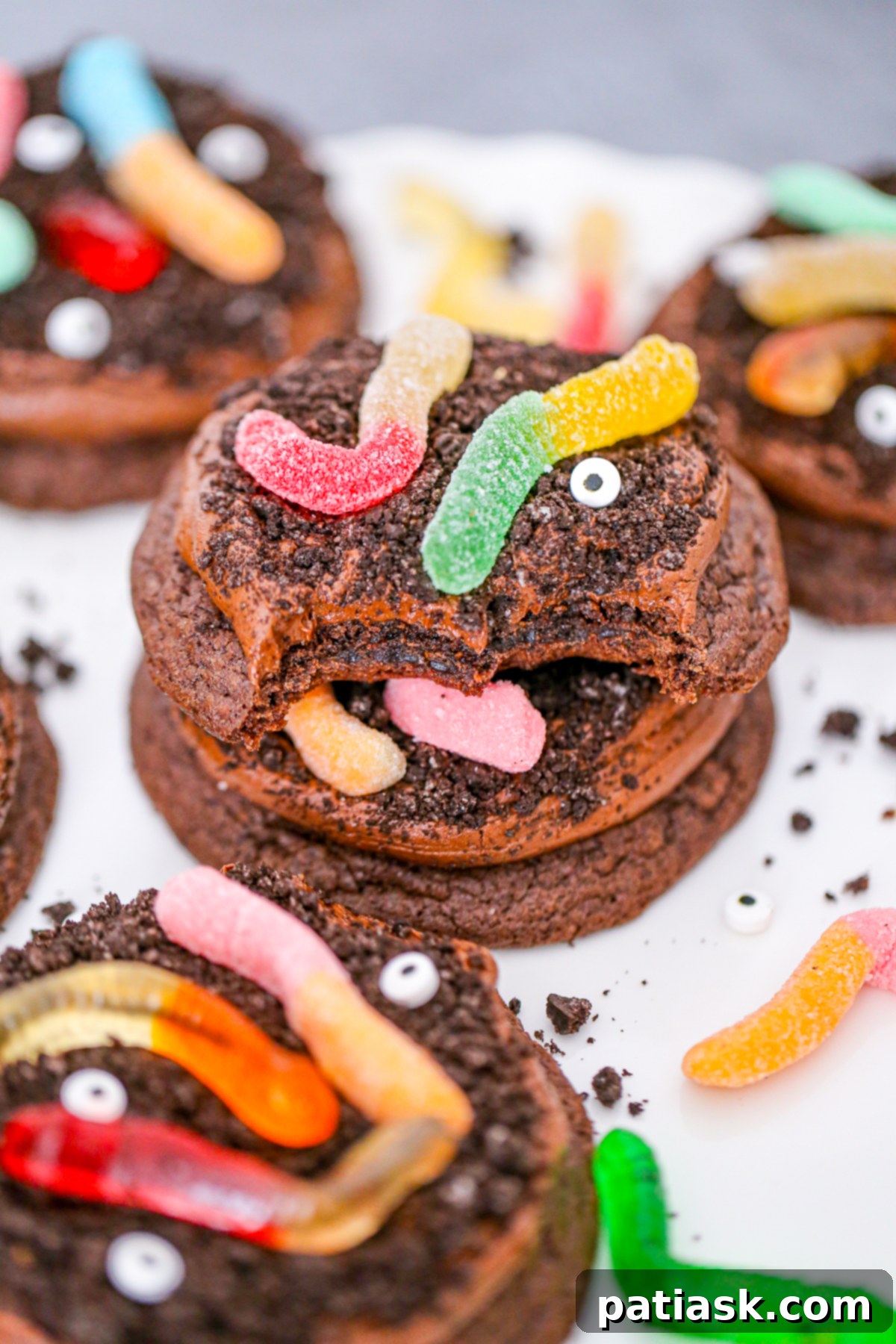 Wormy Dirt Brownie Cookies 3 Gummy Worm Dirt Brownie Cookies recipe chocolate frosting halloween dessert