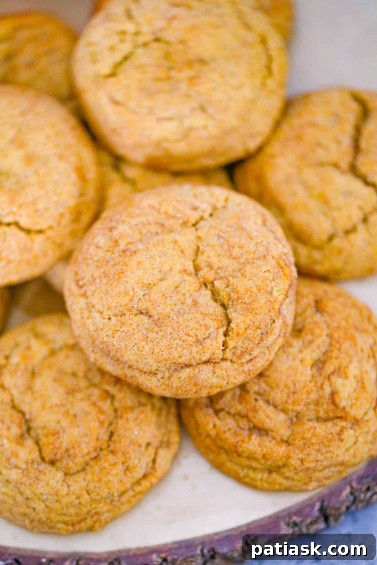 Cinnamon sugar pumpkin snickerdoodle cookies stacked on a plate with a fall aesthetic