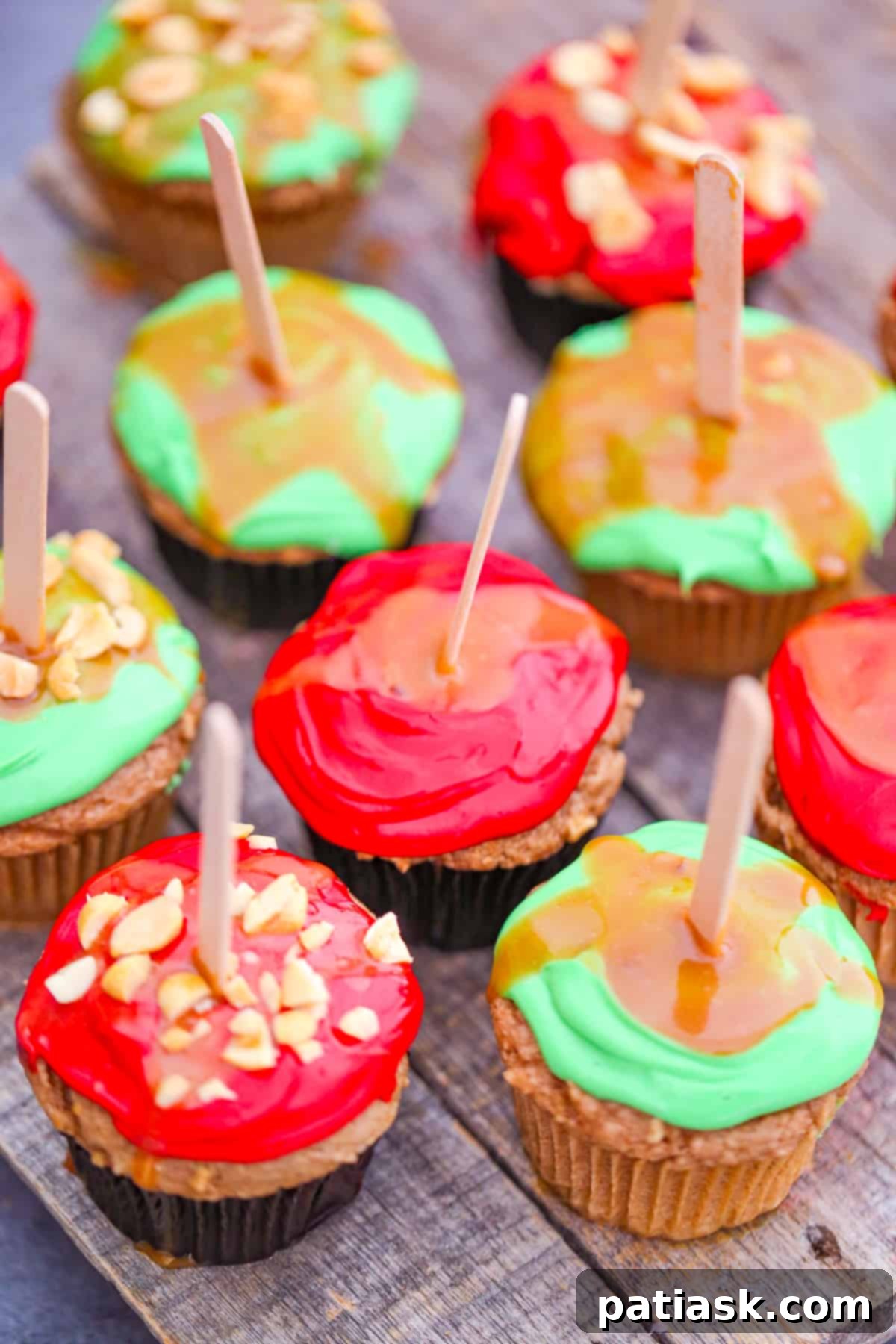 Caramel Apple Cupcakes recipe with vibrant red and green frosting