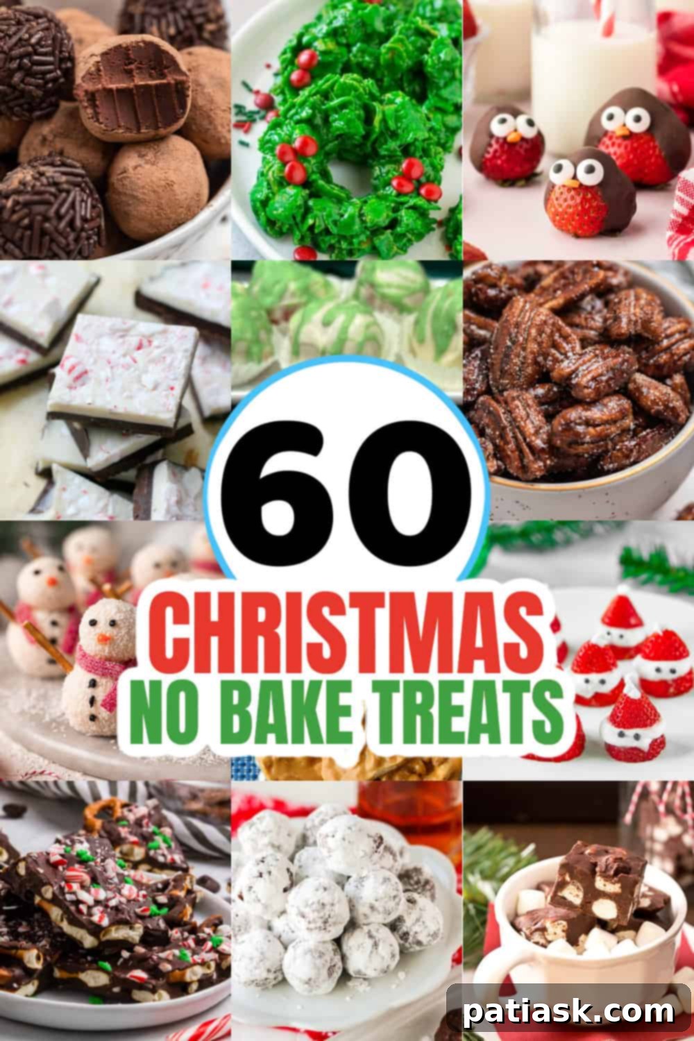 A festive collage showcasing various easy no-bake Christmas treats, perfect for holiday gatherings.
