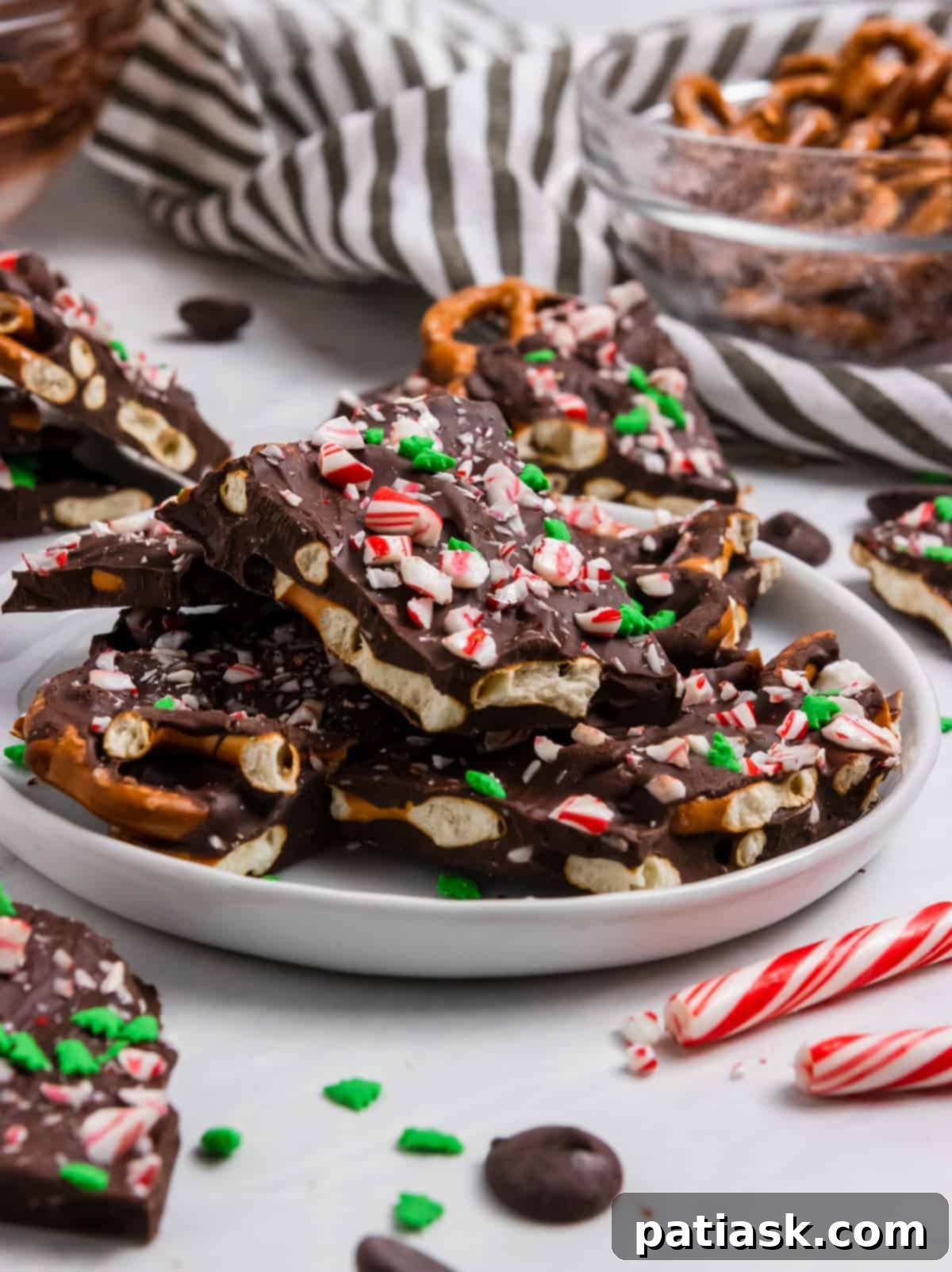 Festive Peppermint Dark Chocolate Pretzel Bark with crushed candy canes