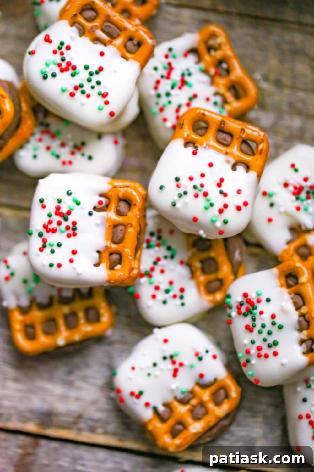Sweet and salty White Chocolate Pretzel Rolo Bites with festive sprinkles
