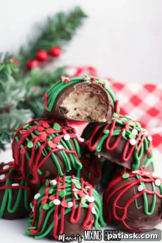 Festive Christmas No-Bake Cookie Dough Bites with chocolate coating