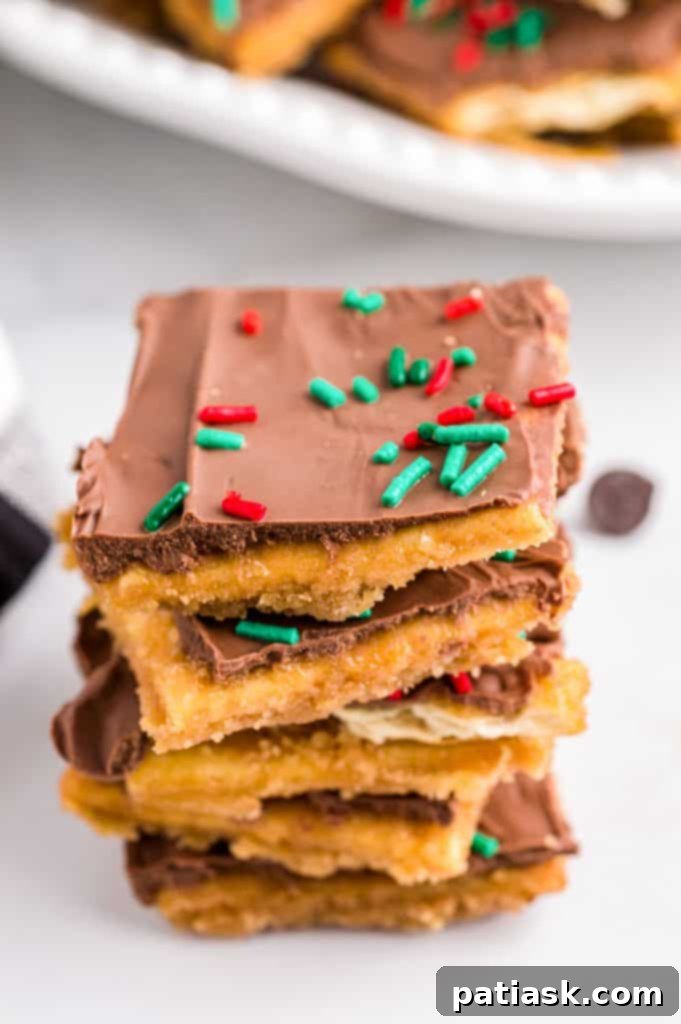Delicious Christmas Cracker Candy, also known as chocolate saltine toffee
