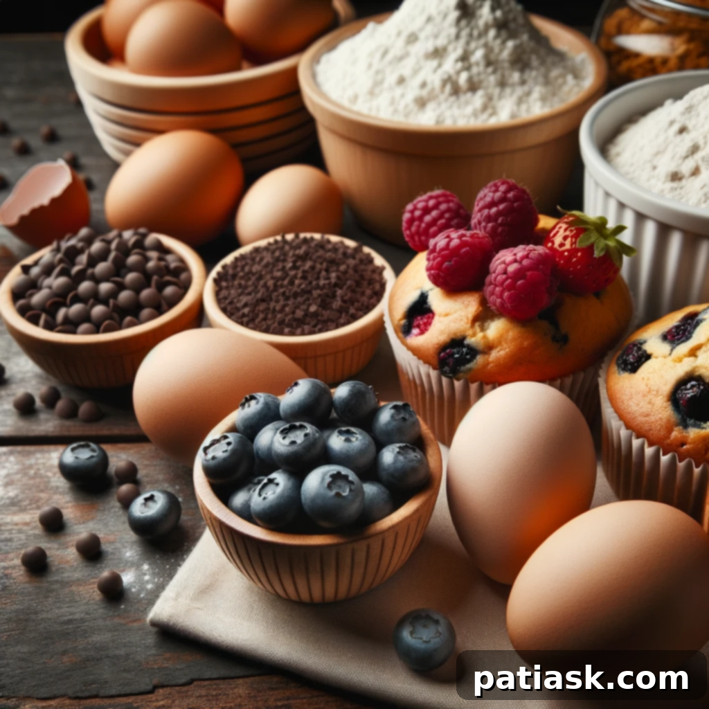 Secrets to Baking Perfect Muffins Every Time 2 Essential Tips for Perfect Muffin Baking! An assortment of high-quality baking ingredients on a wooden kitchen counter, including fresh eggs, organic flour, ripe berries, and shiny chocolate chips.