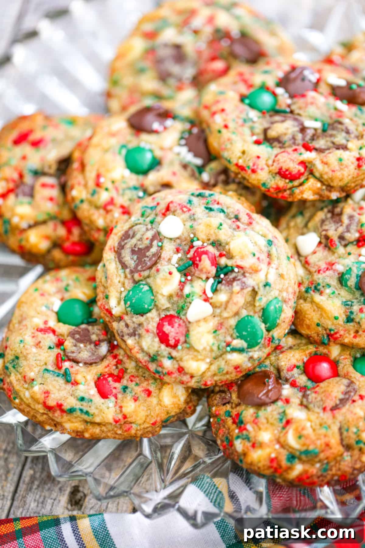 Christmas Chocolate Chip Cookies, perfect for holiday baking with red and green M&M's and sprinkles