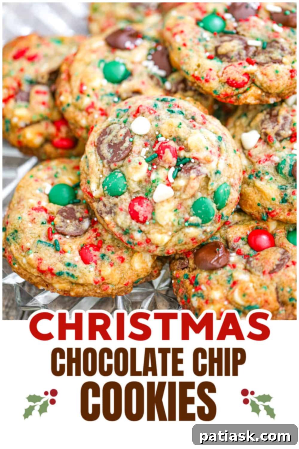 A large plate of festive Christmas Chocolate Chip Cookies ready to be served