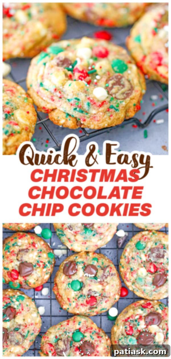 A festive plate of Christmas Chocolate Chip Cookies with a glass of milk