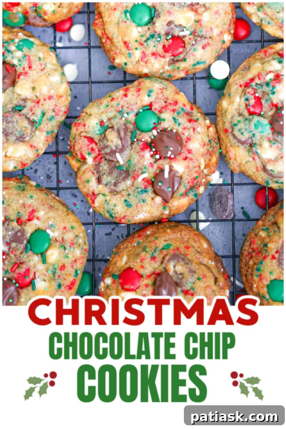 Several Christmas Chocolate Chip Cookies arranged beautifully for the holidays