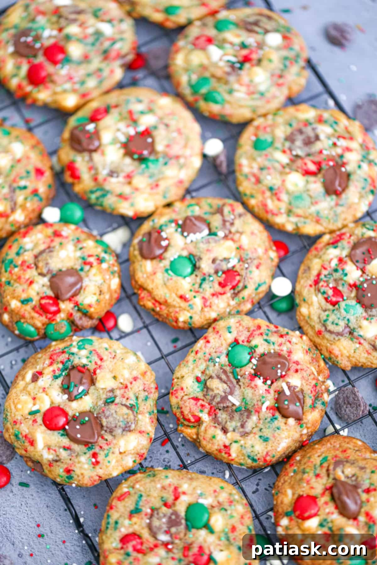 Close-up of baked Christmas Chocolate Chip Cookies showing M&M's and sprinkles