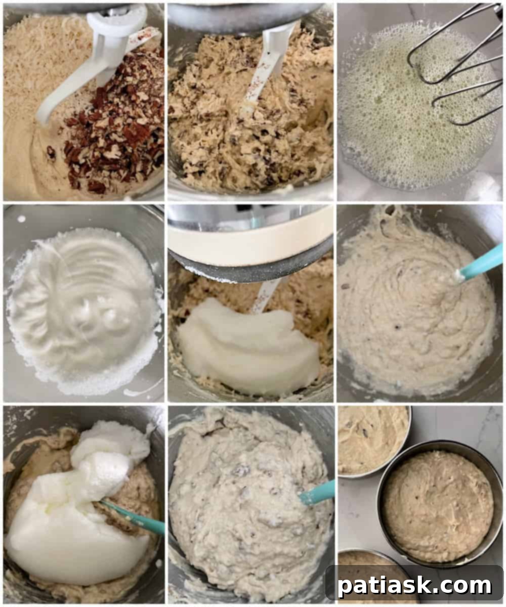 Cake batter being poured into prepared baking pans.