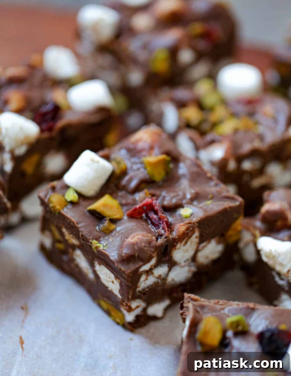 Midnight Rocky Road Fudge with Cherry and Pistachio Stars 2 Rich Chocolate Cherry Pistachio Fudge with Marshmallows and Nuts