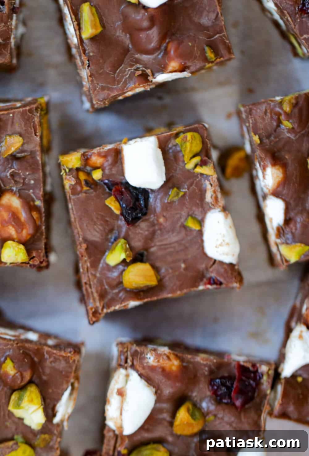 Midnight Rocky Road Fudge with Cherry and Pistachio Stars 6 Freshly made Chocolate Cherry Pistachio Rocky Road Fudge in a pan
