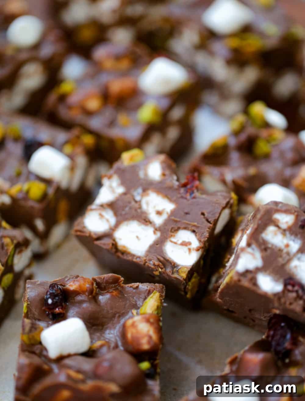 Midnight Rocky Road Fudge with Cherry and Pistachio Stars 4 Close-up of Chocolate Cherry Pistachio Fudge with fluffy marshmallows