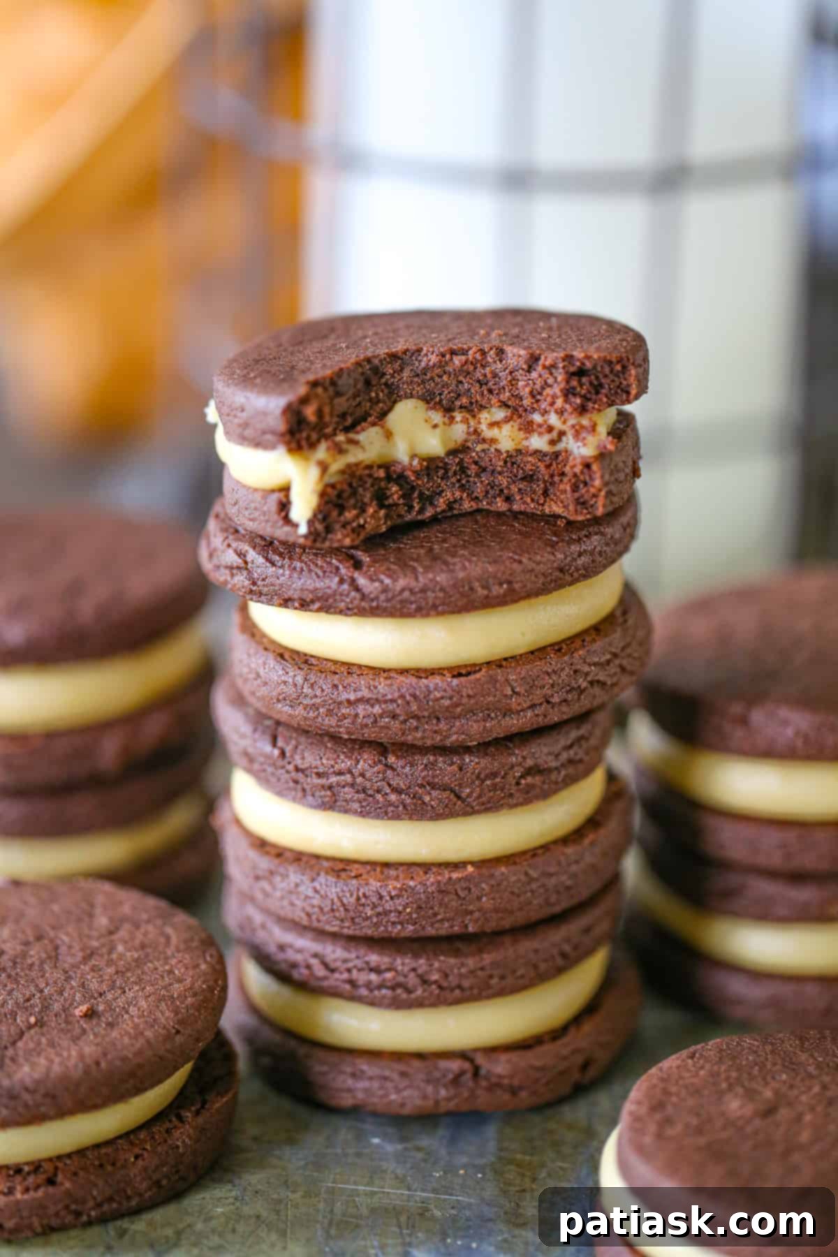 Butterscotch Chocolate Sandwich Cookies 3 Close-up of butterscotch chocolate sandwich cookies stacked