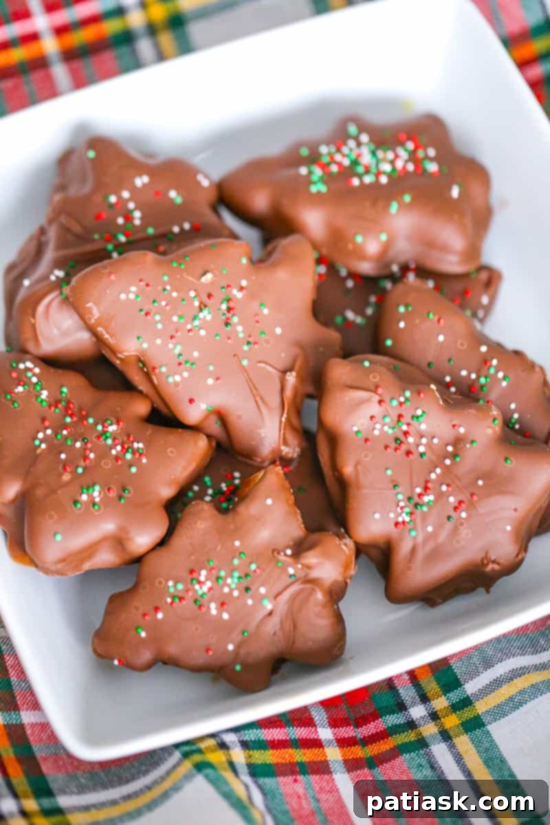 Festive Peanut Butter Chocolate Trees 3 Close-up of Chocolate Peanut Butter Christmas Trees with festive sprinkles