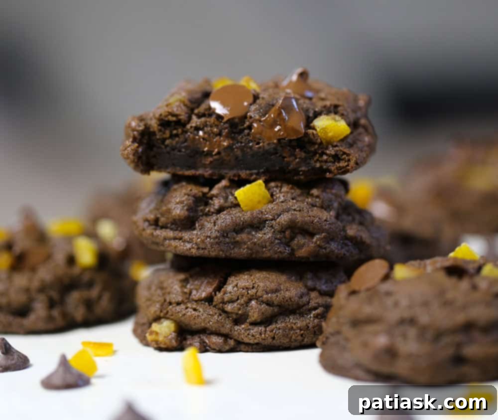65 Festive Christmas Cookie Creations 32 Fudgy Double Chocolate Orange Cookies with candied orange pieces